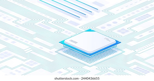 CPU socket white poster. Hardware and computer part. Modern technologies and innovations. Landing webpage design. Isometric neon vector illustration isolated on white background