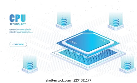 CPU technology concept. Details for computers and laptops, modern motherboards and technologies. Poster or banner for website, advertising and marketing. Cartoon isometric vector illustration