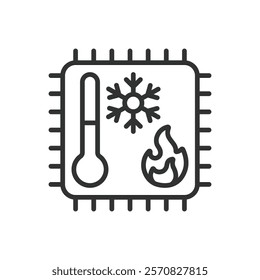 CPU throttling, icon in line design. CPU throttling, processor speed, thermal regulation, overheating control, CPU cooling, on white background vector. CPU throttling editable stroke icon