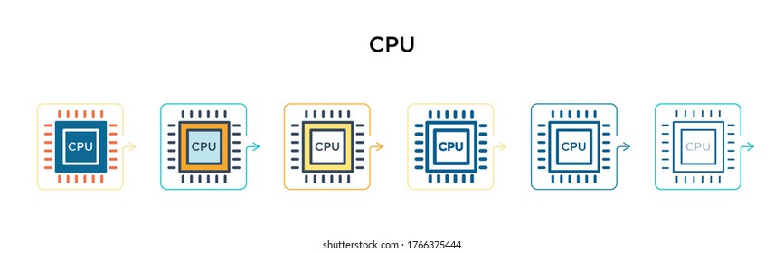 Cpu vector icon in 6 different modern styles. Black, two colored cpu icons designed in filled, outline, line and stroke style. Vector illustration can be used for web, mobile, ui