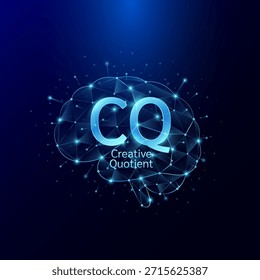 Símbolo do Quociente Criativo CQ no cérebro humano. Polígono de estilo azul brilhante em um plano de fundo escuro. Equilíbrio de inteligência da criança. Conceito de crescimento de desenvolvimento de liderança. Vetor.