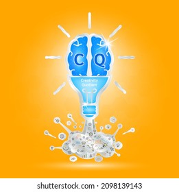 CQ Emotional intelligence. Heart and brain on balanced scale symbol. Creativity Quotient of a child. Design logo products in the form of the brain, light bulb blue on a orange background. Vector.