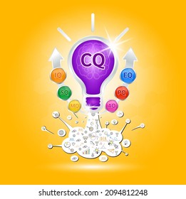 CQ, IQ Emotional intelligence. Heart and brain on balanced scale symbol. Intelligence Quotient and Creativity Quotient of a child. Design logo products in the form of the light bulb. Vector EPS10.