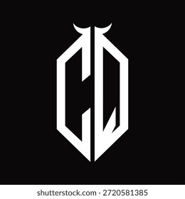 CQ Logo monograma con forma de cuerno aislado Plantilla de diseño en blanco y negro sobre fondo negro