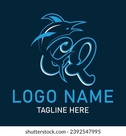 CQ shark logo design vector. Cartoon shark mascot on navy background. 
Shark esport mascot logo design. Editable letter shark logo design for company