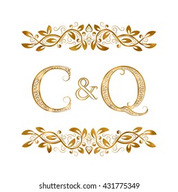 C&Q vintage initials logo symbol. The letters are surrounded by ornamental elements. Wedding or business partners monogram in royal style.