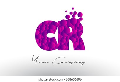 CR C R Dots Letter Logo with Purple Pink Magenta Bubbles Texture Vector.