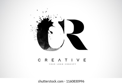 CR C R Letter Logo Design with Black Ink Watercolor Splash Spill Vector Illustration.