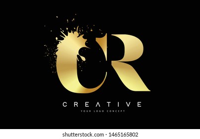 CR C R Letter Logo with Gold Melted Metal Splash Vector Design Illustration.