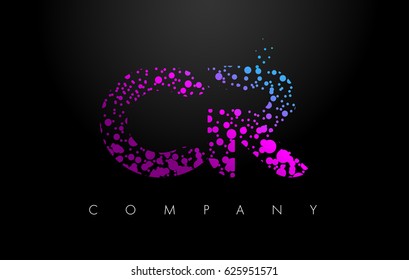 CR C R Letter Logo with Purple Blue Particles and Bubble Dots Design Vector.