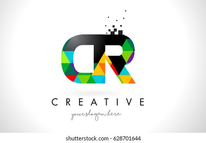 CR C R Letter Logo with Colorful Vivid Triangles Texture Design Vector Illustration.