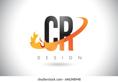 CR C R Letter Logo Design with Fire Flames and Orange Swoosh Vector Illustration.