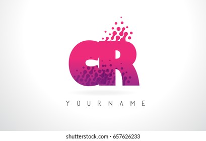 CR C R Letter Logo with Pink Letters and Purple Color Particles Dots Design.