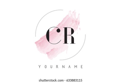 CR C R Watercolor Letter Logo Design with Circular Shape and Pastel Pink Brush.