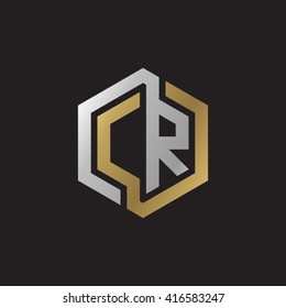 CR initial letters loop linked hexagon elegant logo golden silver black background