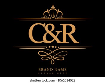 C&R Initial logo, Ampersand initial logo gold with crown and classic pattern