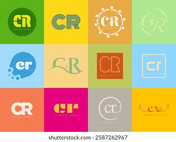 CR logo company template. Letter c and r logotype. Set different classic serif lettering and modern bold text with design elements. Initial font typography. Collection trendy business identity.