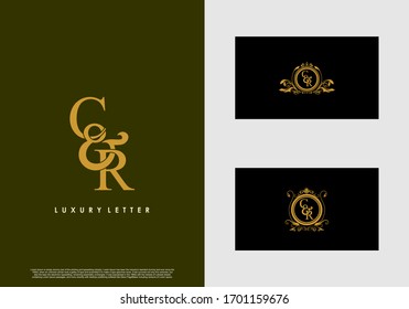 CR logo initial vector mark. Gold color elegant classical symmetric curves decor.