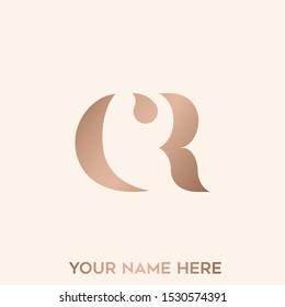 CR monogram.Typographic logo with letter c and letter r overlapped.Rose gold lettering icon.Alphabet initials sign isolated on light background.Modern,elegant,beauty,fashion style.Signature branding.