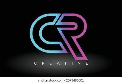 CR Neon Purple Blue Letters Logo Design. CR Outline Letter Icon Vector on Black Background Illustration