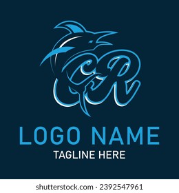 CR shark logo design vector. Cartoon shark mascot on navy background. 
Shark esport mascot logo design. Editable letter shark logo design for company