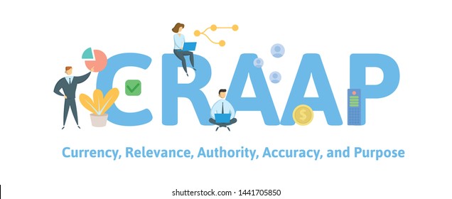 CRAAP, Currency, Relevance, Authority, Accuracy, and Purpose. Concept with people, keywords and icons. Colored flat vector illustration. Isolated on white background.