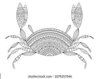  Crab adult coloring book page. Exotic stylized ocean animal symbols. Vector black outline crawfish on white background. Abstract marine pattern. Doodle ornament.