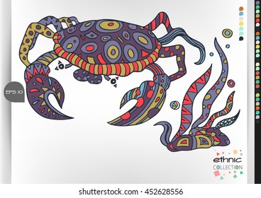 Crab. Animal patterns with hand-drawn doodle waves and lines. Vector illustration in bright colors.