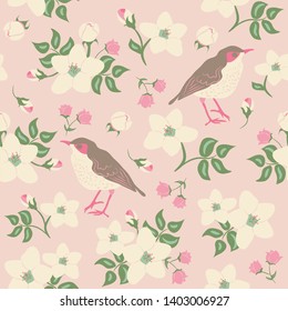 Crab apple Blossom and Bird Seamless Pattern