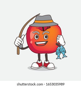 Crab Apple cartoon mascot character fishing with 2 fishes