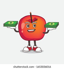 Crab Apple cartoon mascot character with money on hands