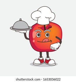Crab Apple cartoon mascot character as a Chef with food on tray ready to serve