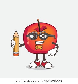 Crab Apple cartoon mascot character holding pencil