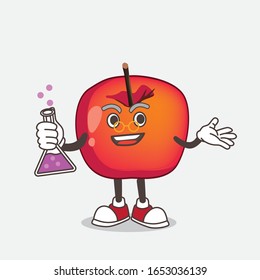 Crab Apple cartoon mascot professor character  with glass tube
