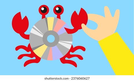 Crab applique with CD and human hand. Vector illustration in flat design style.