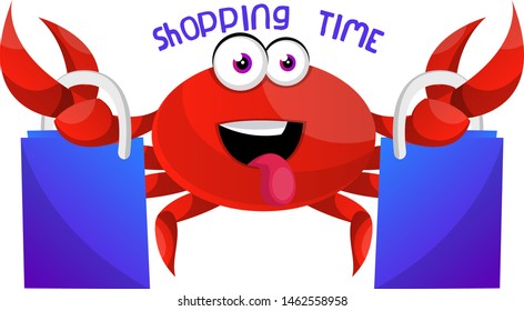 Crab with bags, illustration, vector on white background.