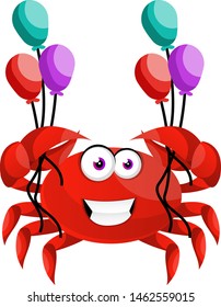 Crab with balloons, illustration, vector on white background.