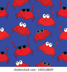 Crab Beach Seamless vector pattern on a blue background. Hand drawn elements make up this unique  crab pattern. Perfect for fabrics, towels, pillows, scrapbooking, gift wrap and more!    