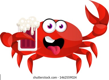 Crab with beer, illustration, vector on white background.