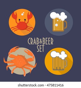 Crab and Beer Vector Icons Set in cartoon style could be used as icon, sticker, crab fest sign, book illustration, seafood restaurant menu elements, beer festival promotion.