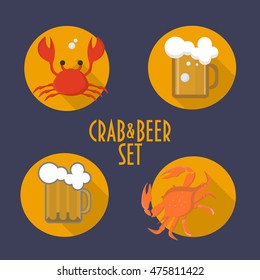 Crab and Beer Vector Icons Set. Seafood Restaurant Buttons Set. Seafood and Beer festival emblems set. Pub Signs. Irish Pub emblems. Red Crab. Steamed Crab. Ocean  creatures. Beer Mug and Beer Glass.