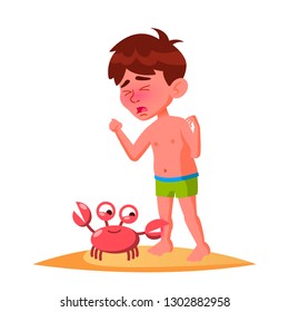 Crab Bit The Finger Of Crying Boy Vector. Isolated Illustration
