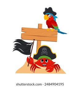 A crab with black flag in a pirate hat and a parrot. Template for text. Wooden board for inscriptions with marine animal. Flat style illustration.