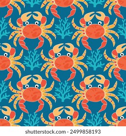 Crab blue sea, Seamless pattern for decorating all fashion designs, fabrics, wallpapers and prints on a dark blue background.