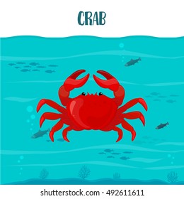 Crab In The Blue Water With Fish. Vector Illustration, Eps10. Crab Text.