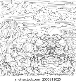 Crab by the ocean.Coloring book antistress for children and adults. Illustration isolated on white background.Zen-tangle style. Hand draw