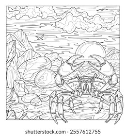 A crab by the sea.Coloring book antistress for children and adults. Illustration isolated on white background.Zen-tangle style. Hand draw