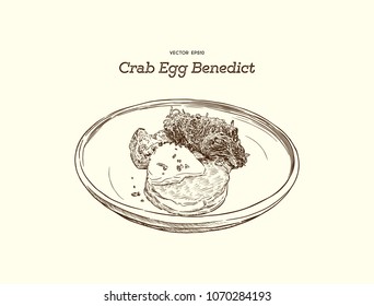 Crab Cake on top with egg Benedict. hand draw sketch vector. brunch meal for cafe and restaurant.