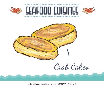 Crab cakes with lemon popular United States fishcake, seafood cuisine, East Asian famous crab cakes seafood dish food. Minimal coloured isolated vector illustration.