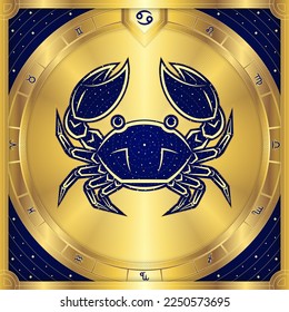 Crab Cancer Zodiac Sign, Classic Luxury Golden Greek Meander, Stellar Star Sign, Horoscope Astrology Fortune-Telling and Future Prediction, Element Badge Icon Vector Design Illustration.